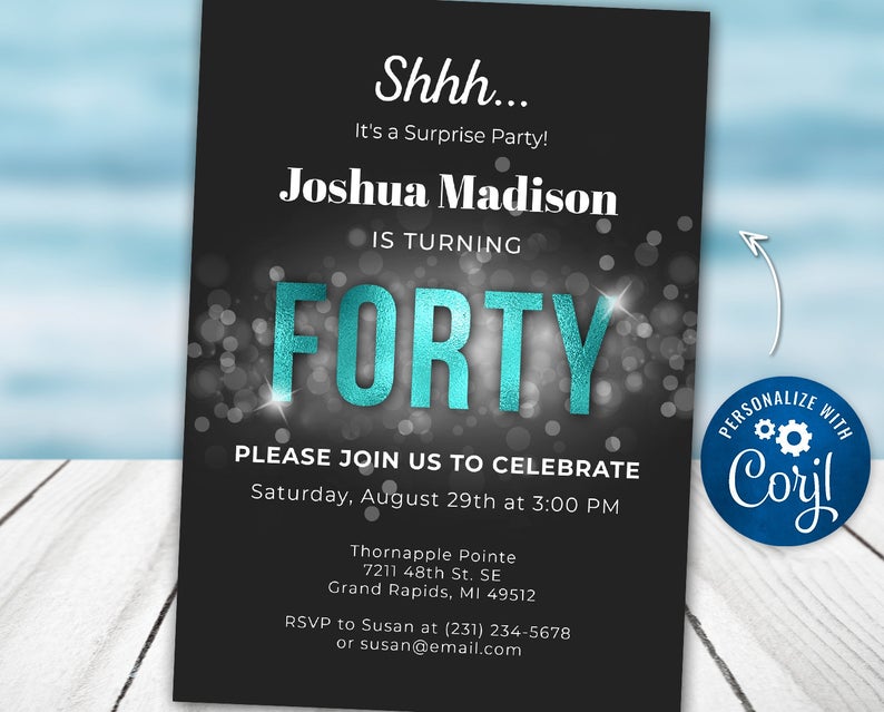 Surprise 40th Birthday Party Invitation FORTY Teal Letters Confetti Black Digital INSTANT Download 5×7 Editable adult mens male man guys
