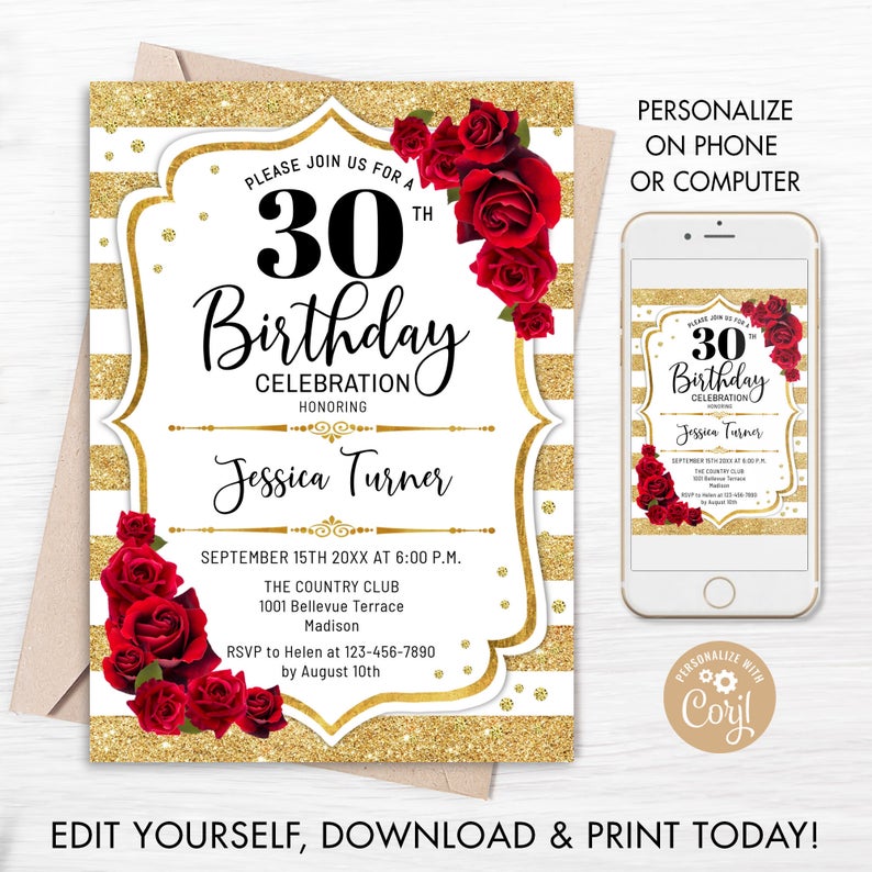 0th Birthday Invitation – INSTANT DOWNLOAD Digital Template. ANY age. Glitter Gold White Stripes. Red Roses. Floral Birthday Invite