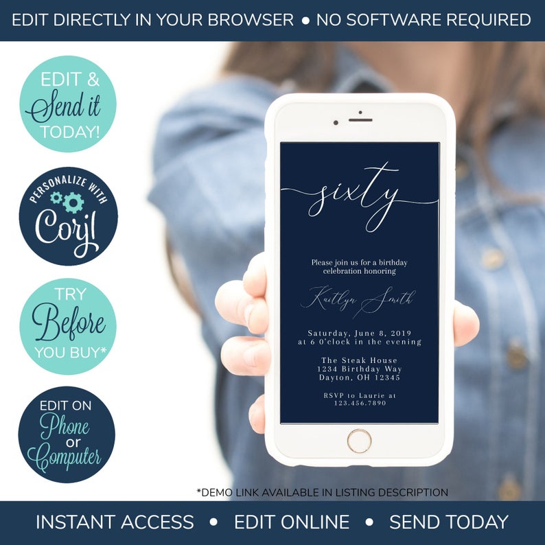 EDITABLE Electronic 60th Birthday Invitation, Adult Birthday Party Invitation, Modern Invitation, Simple Invite, Navy Birthday Invitation