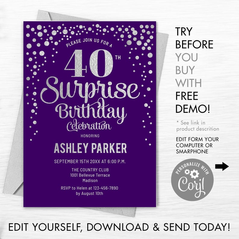 40th Surprise Birthday Invitation. INSTANT DOWNLOAD DIY Digital Template. Any Age. Purple Glitter Silver Foil. Adult Birthday