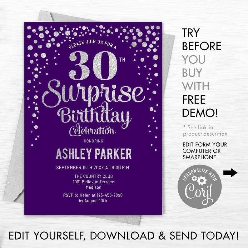 30th Surprise Birthday Invitation. INSTANT DOWNLOAD DIY Digital Template. Any Age. Purple Glitter Silver Foil. Adult Birthday