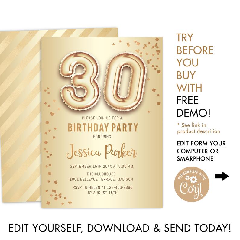 30th Birthday Party Invitation – INSTANT DOWNLOAD Digital Template. Gold Balloons