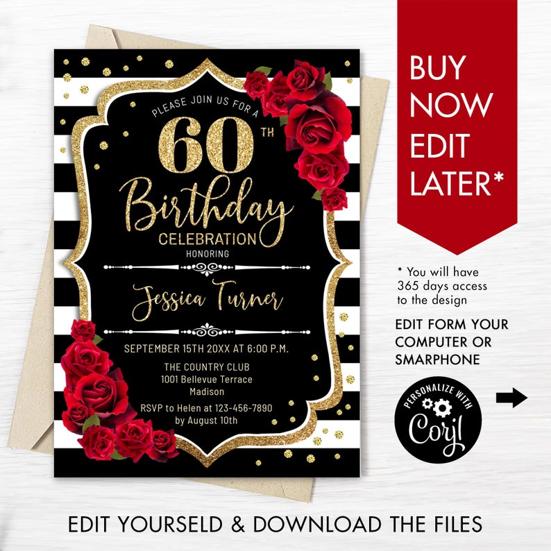 60th Birthday Invitation – INSTANT DOWNLOAD Digital Template. ANY age. Black White Stripes. Glitter Gold Red Roses. Floral Birthday Invite