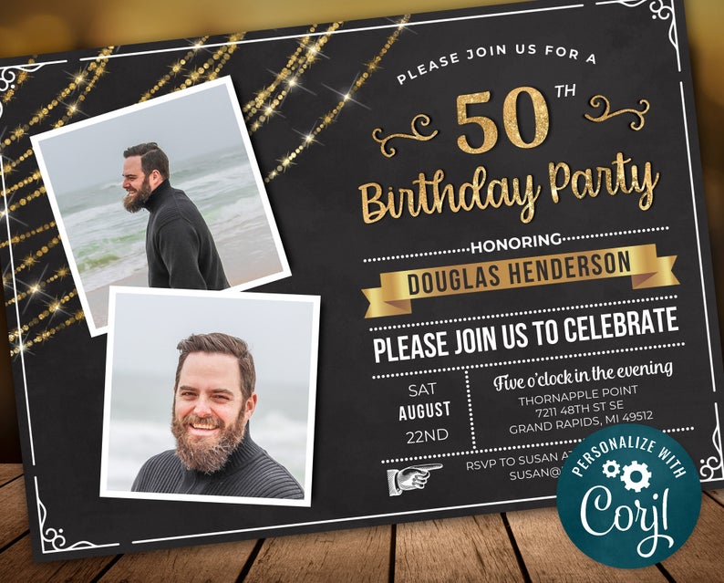 50th Birthday Photo Invitation FIFTY Invite Party Photo Invite – Black – Gold – Digital INSTANT DOWNLOAD 5×7 – Editable – adult mens womans