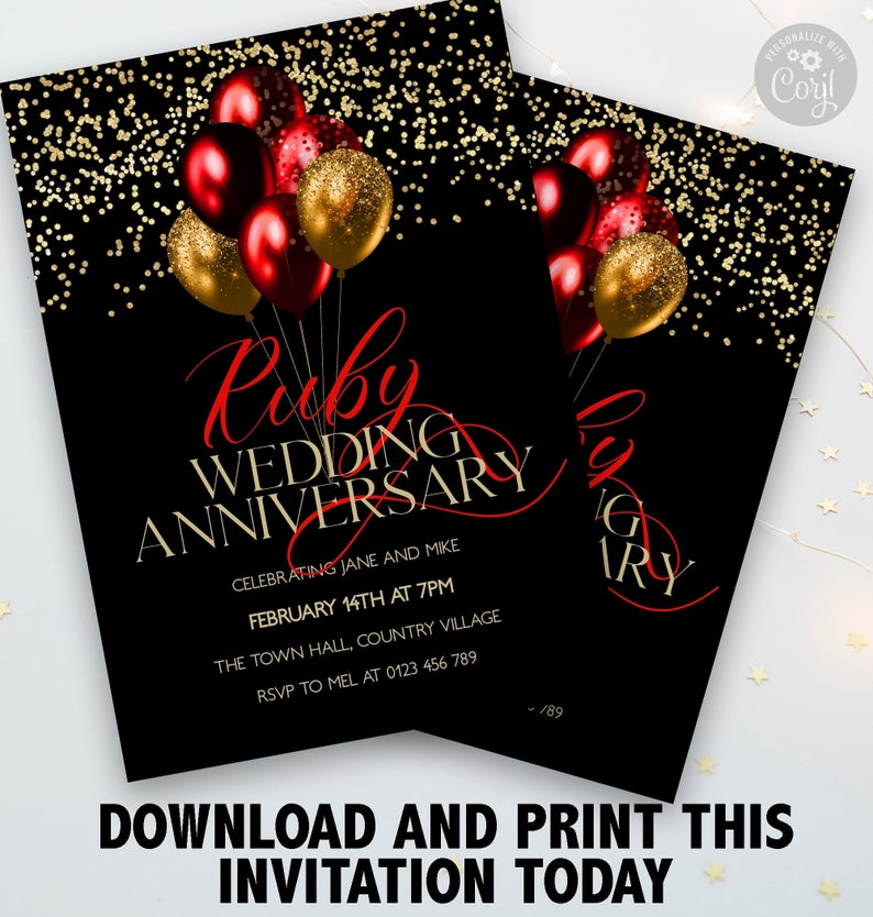 40th Anniversary Invitation Ruby Wedding Editable Template Corjl 40 Years Party Instant Download Balloon chalkboard