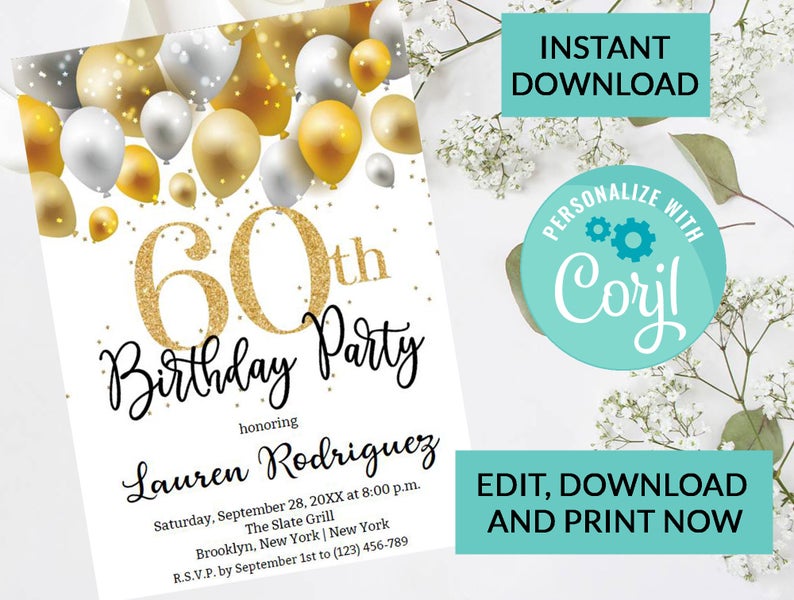 60th Balloon Birthday Invitation Party #5 | Surprise Birthday Invite, | Woman or Man Party | Digital INSTANT DOWNLOAD | Editable Invite