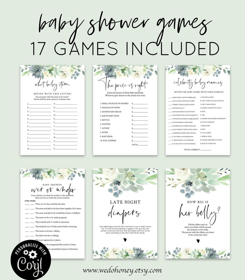 Succulent Baby Shower Games Pack, Game Bundle, Greenery Set Games, Editable Text with Corjl