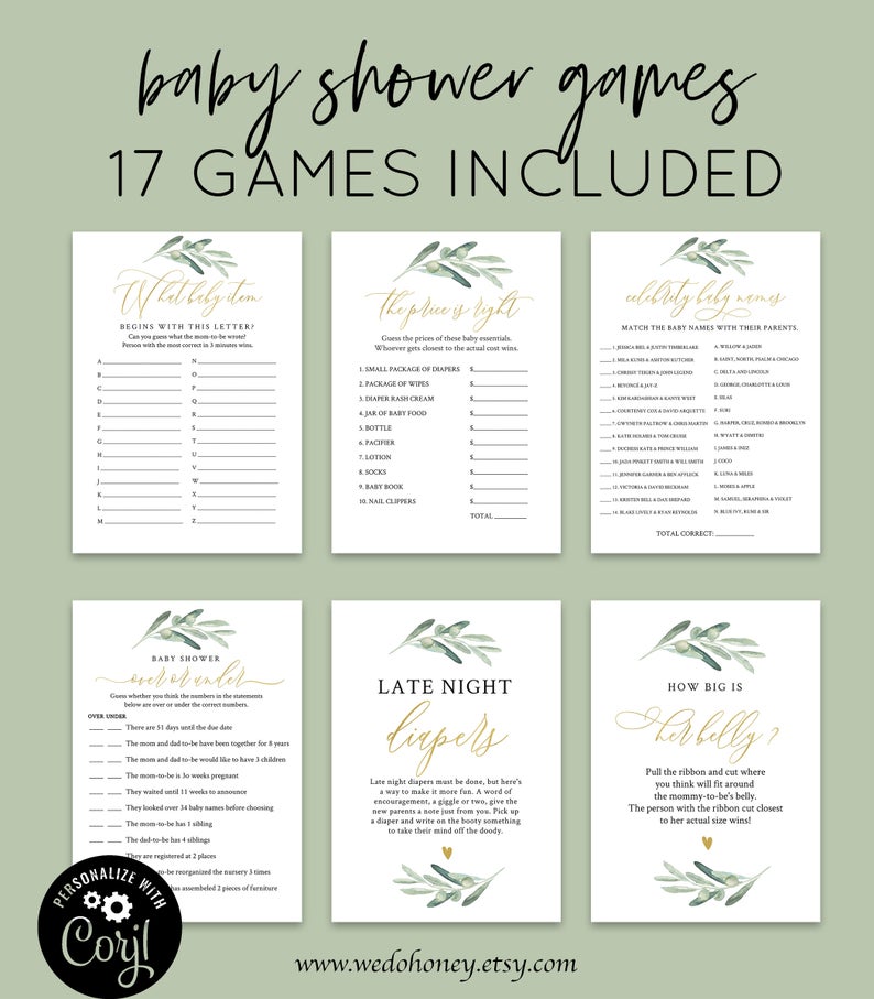 Greenery Baby Shower Games Pack, Game Bundle, Greenery Set Games, Gold Green Olive, Editable Text with Corjl #095