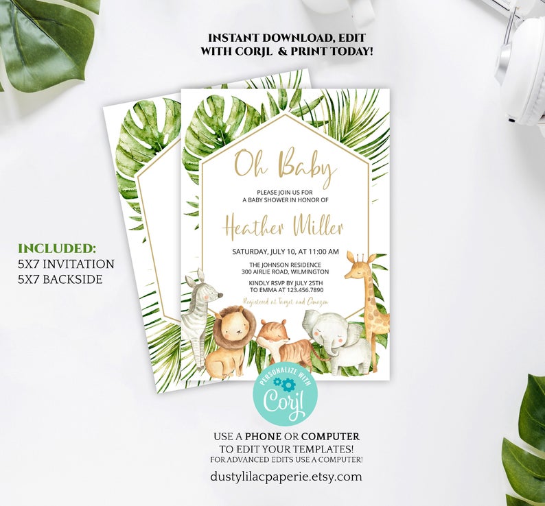 safari animals oh baby shower invitation, editable gender neutral jungle theme baby shower invite, gold geometric frame DLPB57