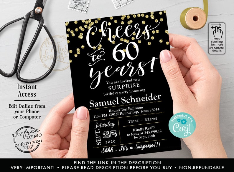 60th Birthday Invitation for men, Black and Gold, Cheers to 60 years,Surprise Birthday Invitation Template,Adult Birthday Invitations, Corjl