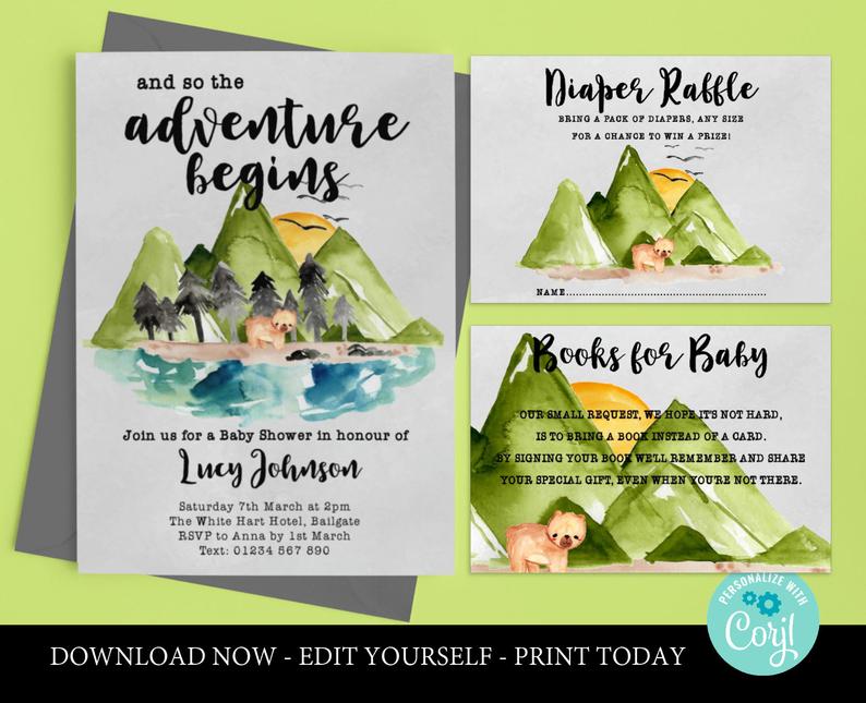 ADVENTURE BEGINS Bear Baby Shower Invitation set printable Boy Adventure Baby Shower Invite Mountains Bear Baby editable boy shower corjl