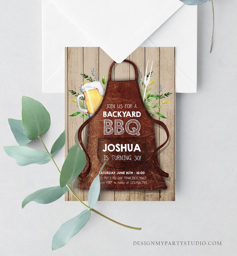 Editable BBQ Birthday Invitation Barbecue Backyard Party Cheers Beer Grill Apron 30th 40th Adult Wood Download Corjl Template Printable
