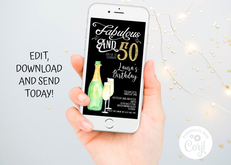 Fabulous and 50th Birthday Evite, Electronic Invitation Template, Wine Champagne Fifty For Her For Him Template Corjl, Instant Download