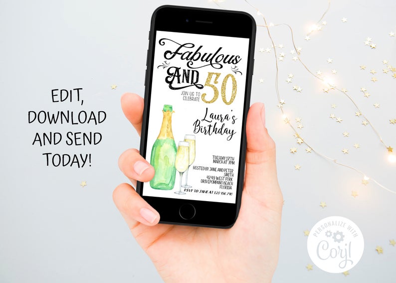 Fabulous and 50th Birthday Evite, Electronic Invitation Template, Wine Champagne Fifty For Her For Him Template Corjl, Instant Download
