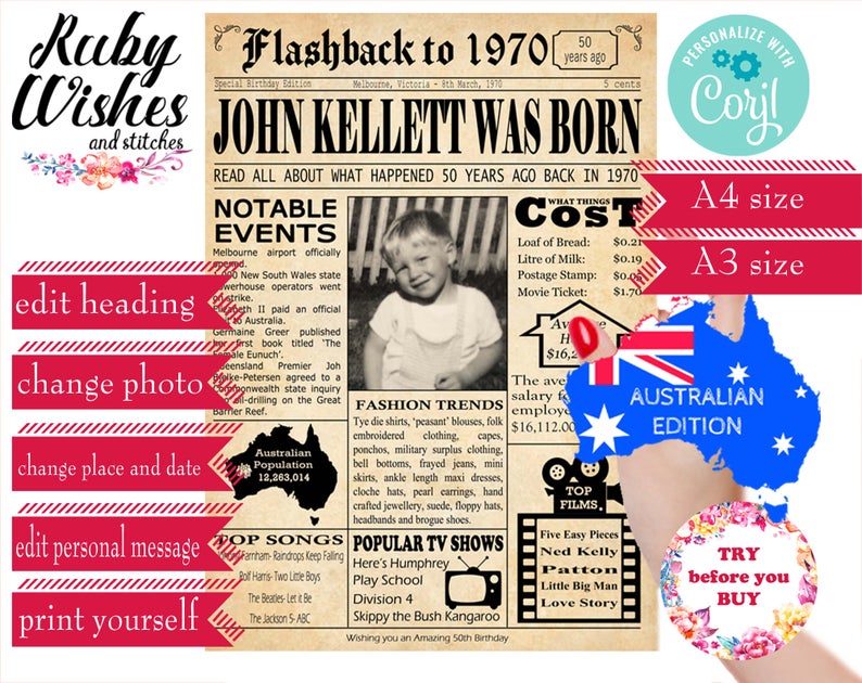 EDITABLE 1970 50th Birthday Newspaper A4 and A3 – Australian Last Minute Birthday Gift Edit and Print Yourself