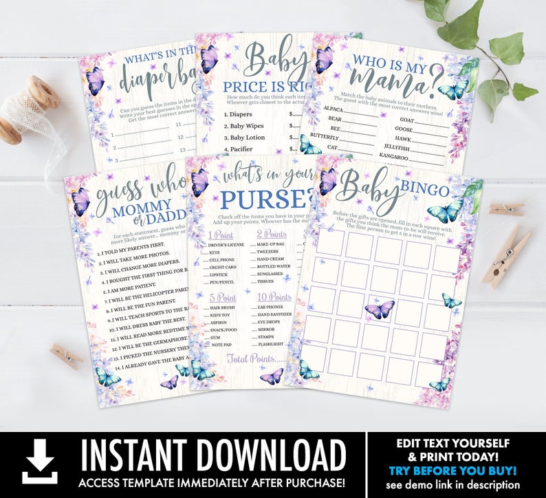 Baby Shower Games Bundle – SIX Butterfly Baby Shower Games Set-#1, Butterfly & Flowers | Self-Edit with CORJL – INSTANT Download Printable