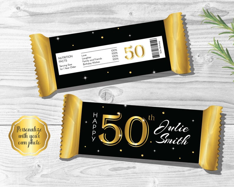 50th Candy Bar Wrapper, 50 Candy Bar Wrapper, Black & Gold | Bundle Offer Available | Personalize Online with Corjl | DIGITAL PRINTABLES