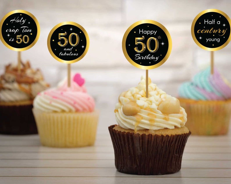50th Birthday Cupcake Toppers, Cheers to 50 Years, Black and Gold 50th Birthday Cupcake Toppers, 50th Party Decorations | Edit Online, Corjl