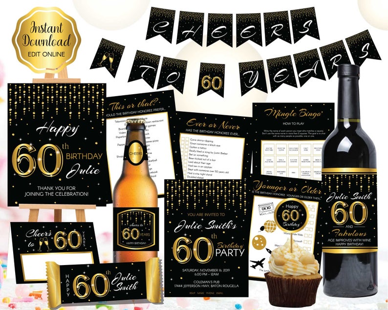 60th Birthday Party Bundle | One-of-a-Kind Bundle | Includes: Invitation, Party Games, Absolutely Amazing Decorations | DIGITAL PRINTABLES