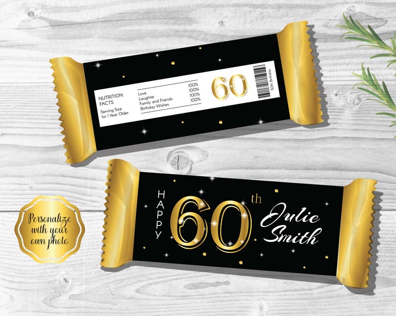 60th Candy Bar Wrapper, 60 Candy Bar Wrapper, Black & Gold | Bundle Offer Available | Personalize Online with Corjl | DIGITAL PRINTABLES