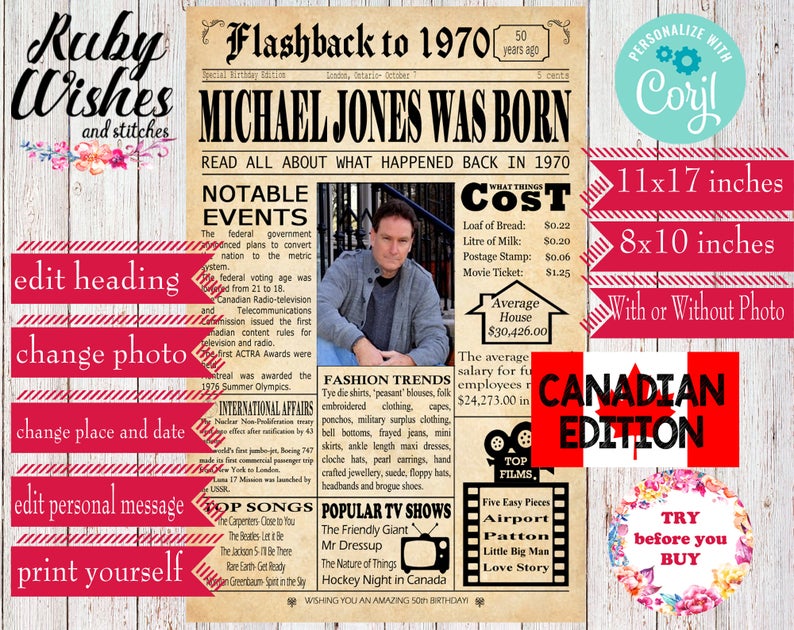 EDITABLE 1970 50th Birthday Newspaper 11×17 and 8×10- CANADIAN Last Minute Birthday Gift Edit and Print Yourself