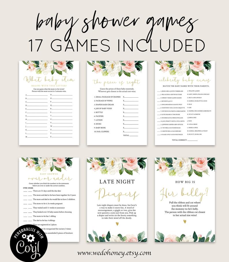 Blush Pink Gold Baby Shower Games Pack, Game Bundle, Floral Set Games, Editable Text with Corjl #058