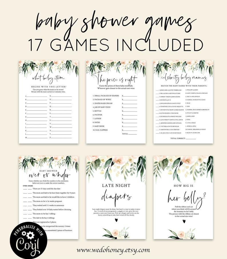 Baby Shower Game Bundle, Blush Ivory Greenery, Games Pack, Green Floral Set Games, Editable Text with Corjl #BLS049