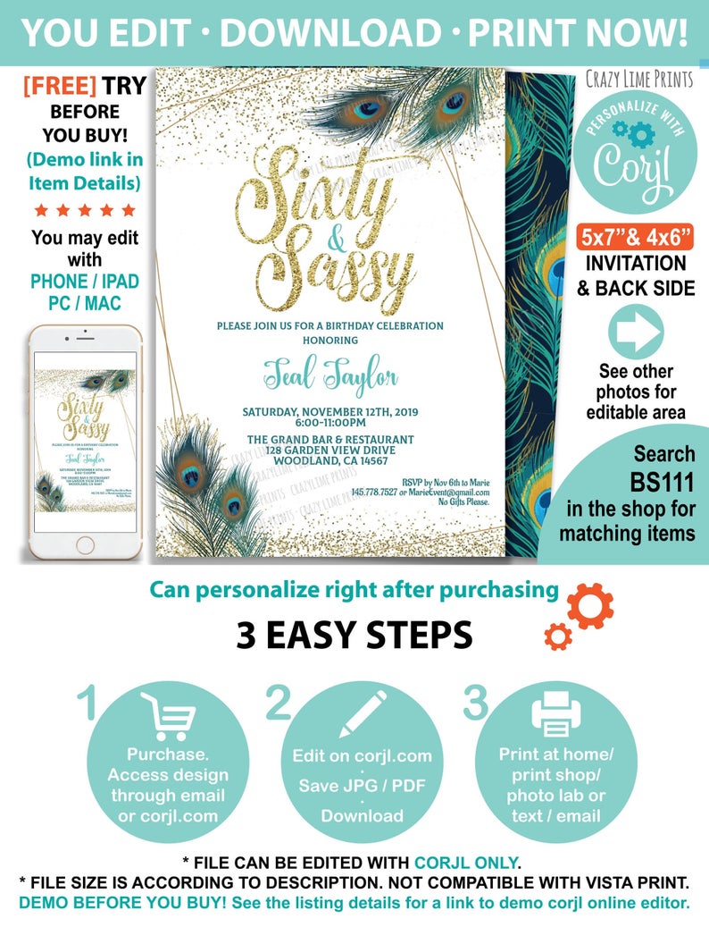 60 and sassy invitation. EDITABLE woman 60th birthday party printable digital invite. Instant Download personalise file. Edit on phone BS111