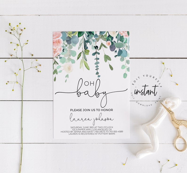 Baby Shower Invite, Greenery Baby Shower Invitation, baby shower, invitation, invitation template, digital download, printable invite, AI-19