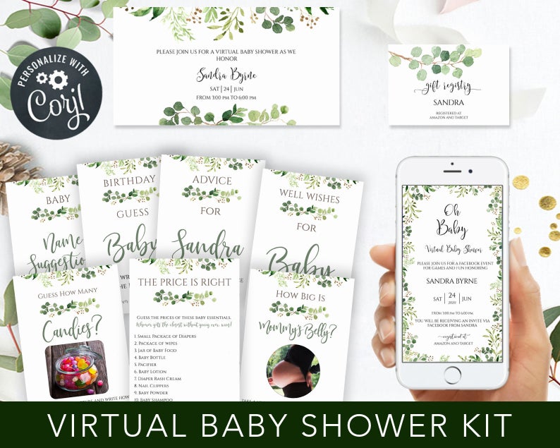 Greenery Baby Shower by Mail Virtual Shower Online Baby Shower Invitation Digital Invite Evite Template Facebook Virtual Baby Shower oq470