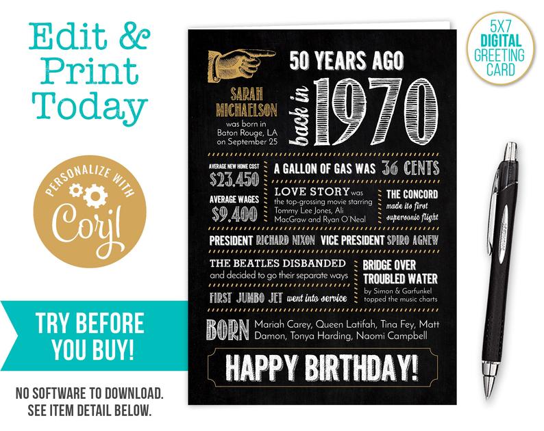 5×7 / Editable 50th Birthday Anniversary Retirement Folded Greeting Card / 1970 / Edit Yourself and Print Today / Digital File ONLY