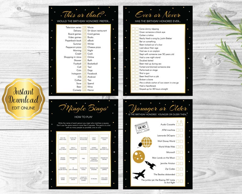 60th Birthday Party Games – This or That, Ever or Never, Mingle Bingo, Younger or Older | Personalize Online with Corjl | DIGITAL PRINTABLES