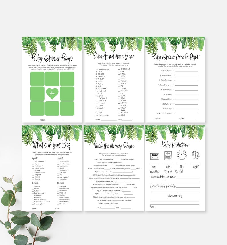 Baby Shower Games Bundle Pack – Printable Greenery Gender Neutral Baby Shower Games – Tropical – Nautical – Palm Springs – Nantucket Palm