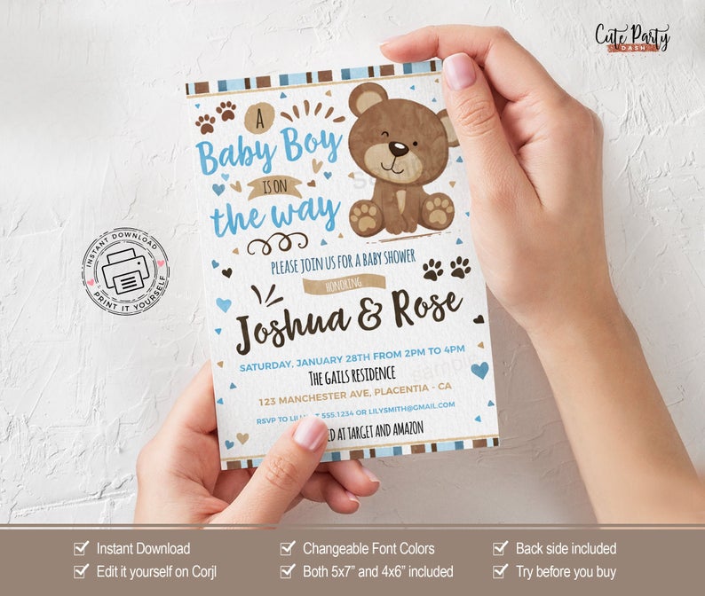 INSTANT DOWNLOAD, EDITABLE Little Bear Baby Shower invitation, Blue and Brown Watercolor Bear, printable edit yourself invitations corjl 454