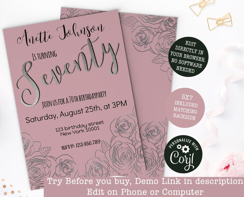 70th Pink Birthday invitation