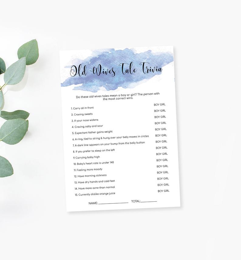 Printable Baby Shower Old Wives Tale Trivia Games – Instant Download – Blue Watercolour – Baby Boy shower – Baby Shower Trivia – Baby Quiz