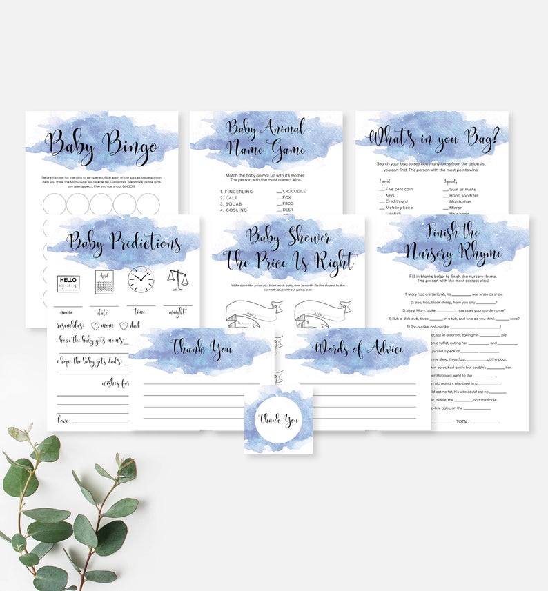 Printable Baby Shower Games Pack – Instant Download – Blue Watercolour – Baby Boy shower – Fun Baby Shower Games – Shower Activities