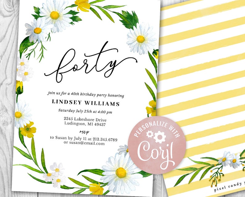 40th Birthday Invitations – Daisy Womens – ANY AGE – Floral, Flowers – Digital INSTANT Download 5×7 Editable adult woman womens