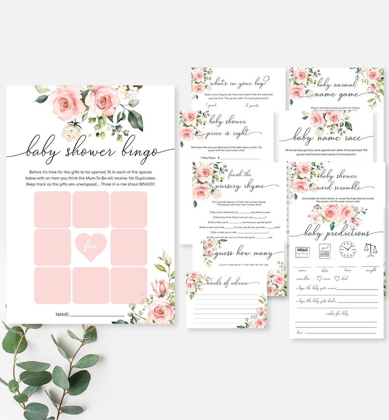 Printable Editable Baby Shower Games Bundle – Blush Floral Words of Advice and Guess How Many – Darcy Floral – Girl Baby Shower