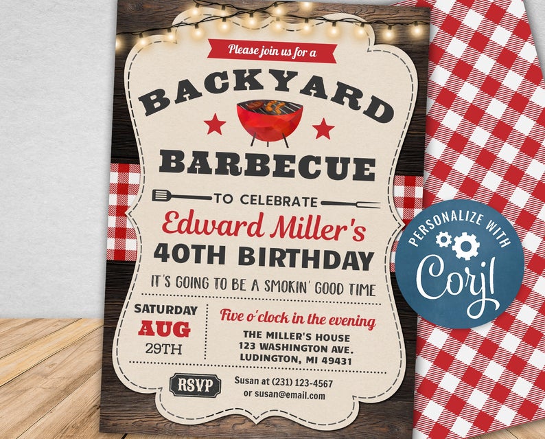 40th BBQ Birthday Invite FORTY Barbecue – Summer Party Invitation – DIGITAL Instant Download 5×7 Editable Printable mens male woman womens