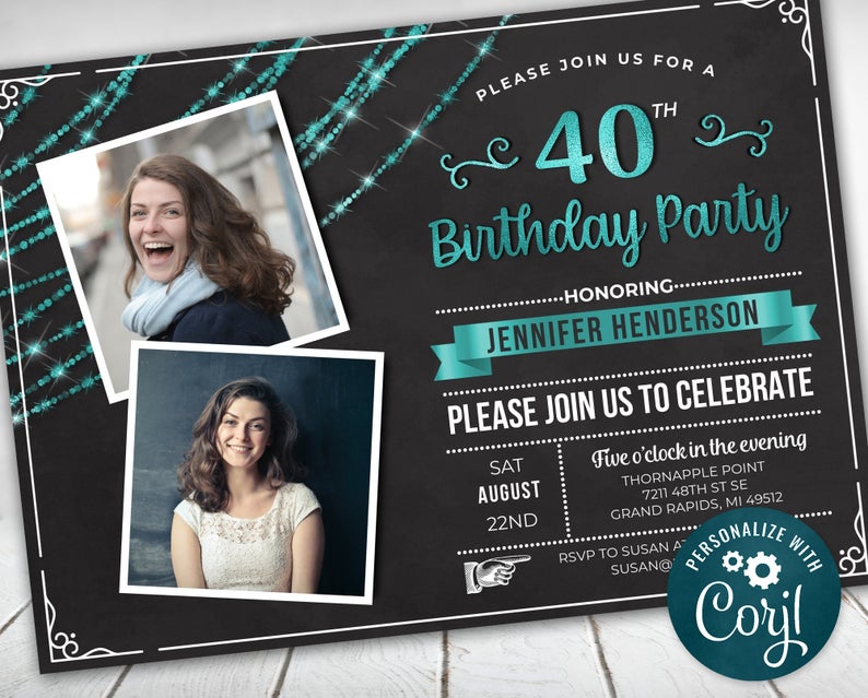 40th Birthday Photo Invitation FORTY Invite Party Photo Invite – Teal Faux Foil Digital Instant Download 5×7 – Editable – adult womens