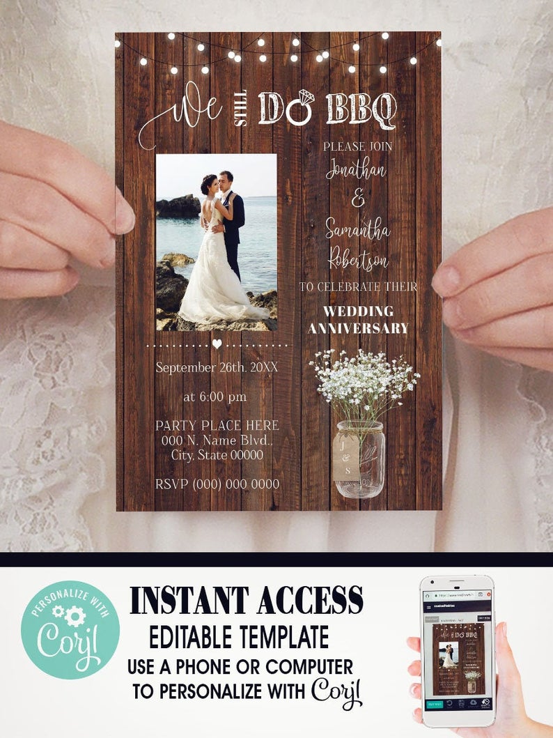 We still do BBQ anniversary invitation country western chic rustic renewal wedding vows photo invite self editable with Corjl W-101