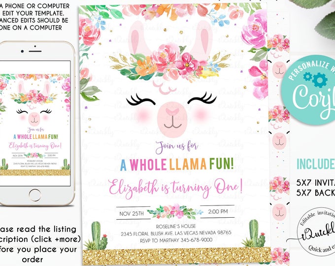 EDITABLE Llama invitation, Llama Birthday Invitations, Alpaca Invite, Cactus, Fiesta First Birthday, 1st birthday party Instant download