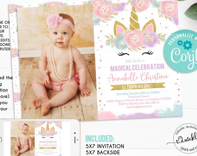 Unicorn Invitation Editable Unicorn Party, Photo Unicorn Birthday Invitations, Magical Unicorn Invite, Girl gold Template Instant Download 2