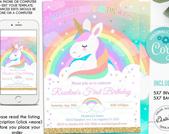 EDITABLE Rainbow Unicorn Birthday Invitation, Unicorn party, Magical Unicorn, Unicorn invite Unicorn and Rainbow download Template Digital 3