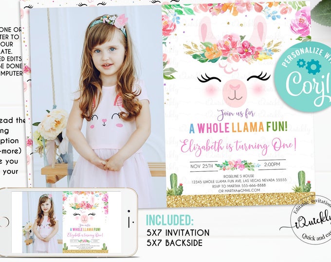 Llama invitation editable, Photo Llama Birthday Invitations, Alpaca Invite Cactus Fiesta First Birthday, 1st birthday party Instant download
