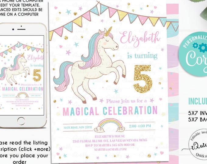 Editable Unicorn Invitation Unicorn Party, Unicorn Birthday, Magical Unicorn Invite, Girl Pastel gold Template Digital Instant Download