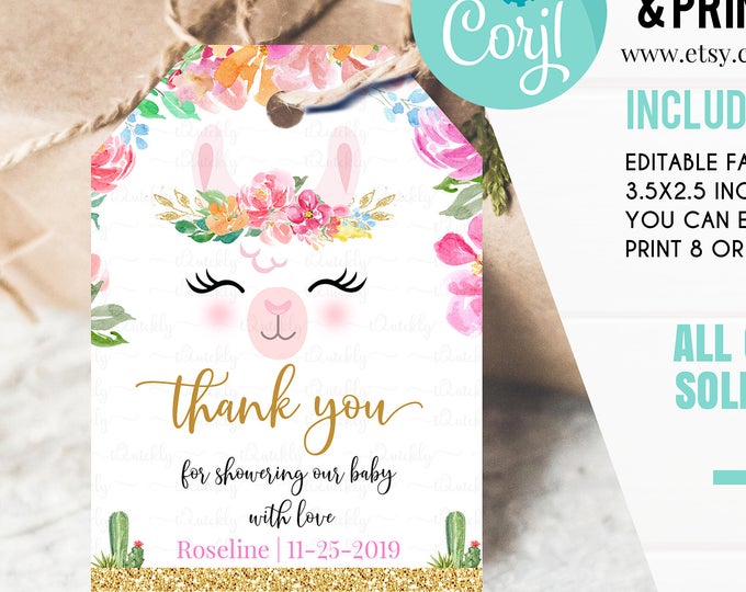Llama Baby Shower Favor tags Editable, Llama Thank you tags, Alpaca Fiesta Cactus Gift tags Girls Instant download Printable digital