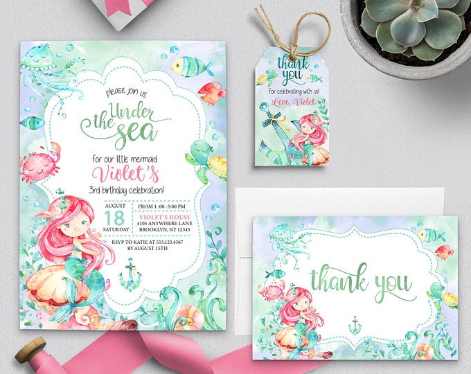 EDITABLE Invitation, Under The Sea Mermaid Birthday Invitation Bundle, Printable Invitation Template, Under The Sea, Pool Party, Corjl