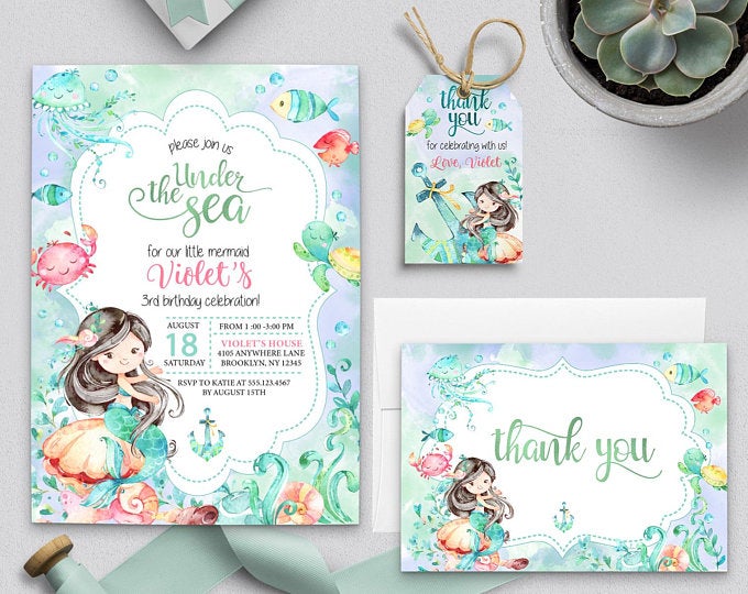 EDITABLE Invitation, Under The Sea Mermaid Birthday Invitation Bundle, Printable Invitation Template, Under The Sea, Pool Party, Corjl